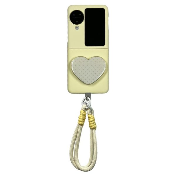 Capinha De Celular | Suporte De Coração Com Cordão De Leite Amarelo Estilo Japonês, Compatível Com Capa De Telefone Oppo Find N3 Flip, Nova Versão Totalmente Coberta, Capa Protetora De Tela Dobrável Oppo, Sensação Premium, Popular N2+ Flip, Capa De Proteção Contra Quedas. Capinha De Celular Capinha De Celular